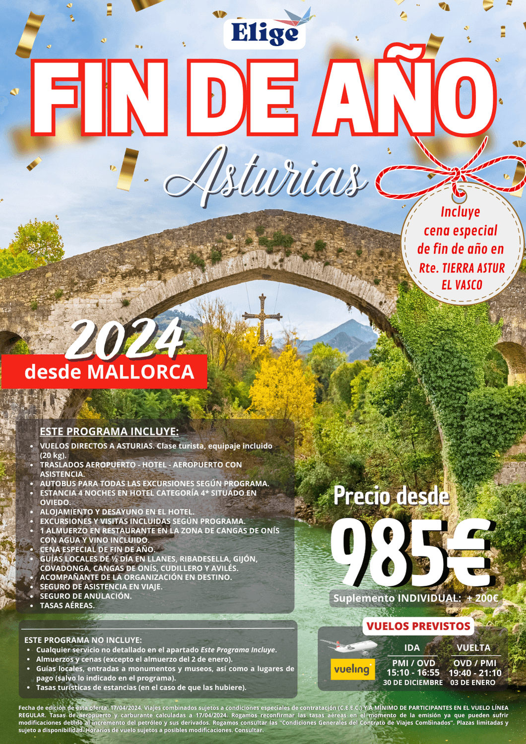 Especial Fin de Año 2024 en ASTURIAS, desde Mallorca con vuelo directo, hotel 4 estrellas, excursiones, traslados, acompañante, cena especial fin de año, para Agencias de Viajes con Elige Tu Viaje.